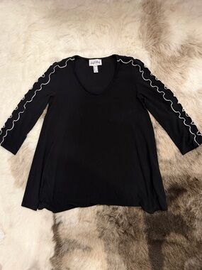 Joseph Ribkoff 191139 $161 rounded neck black top ruffle detail sleeves 6 small